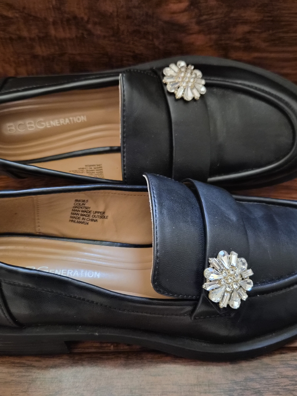 BCBGeneration Black Leather Loafer with Gold Crystal Brooch - Picture 4 of 9